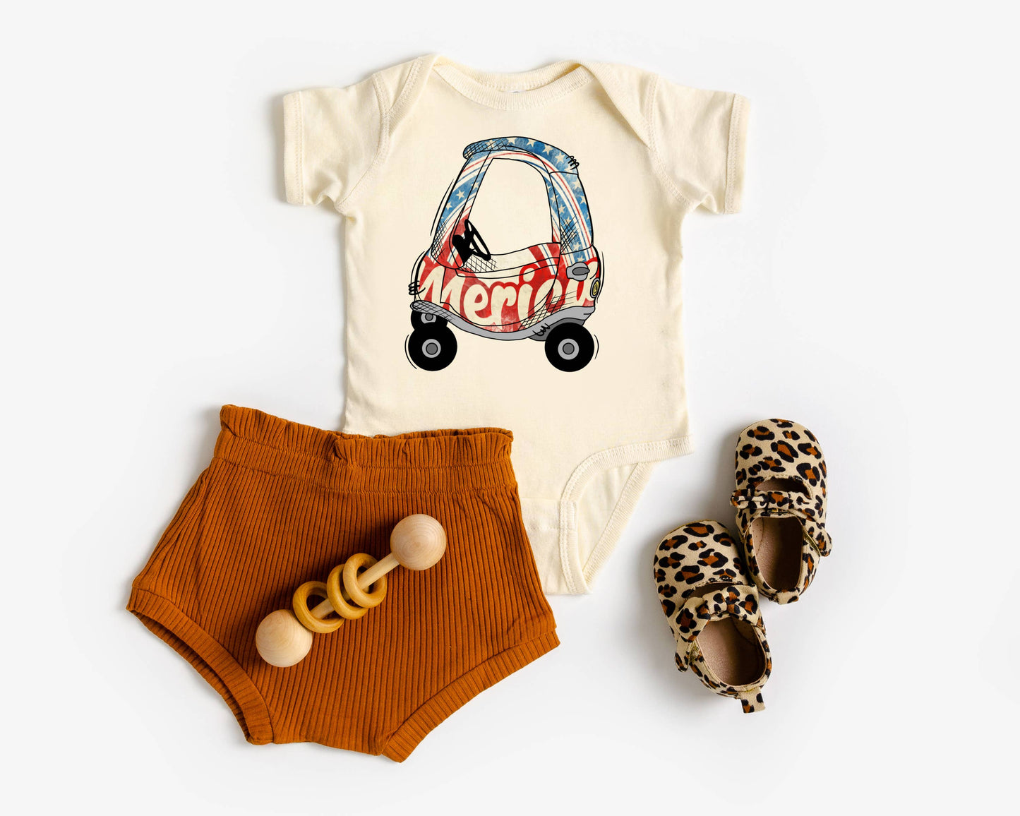 4th of July Merica Car Buggy Natural Color Baby Bodysuit