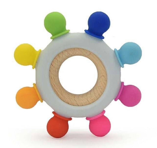 Silicone & Wood Teether- Bright Rainbow